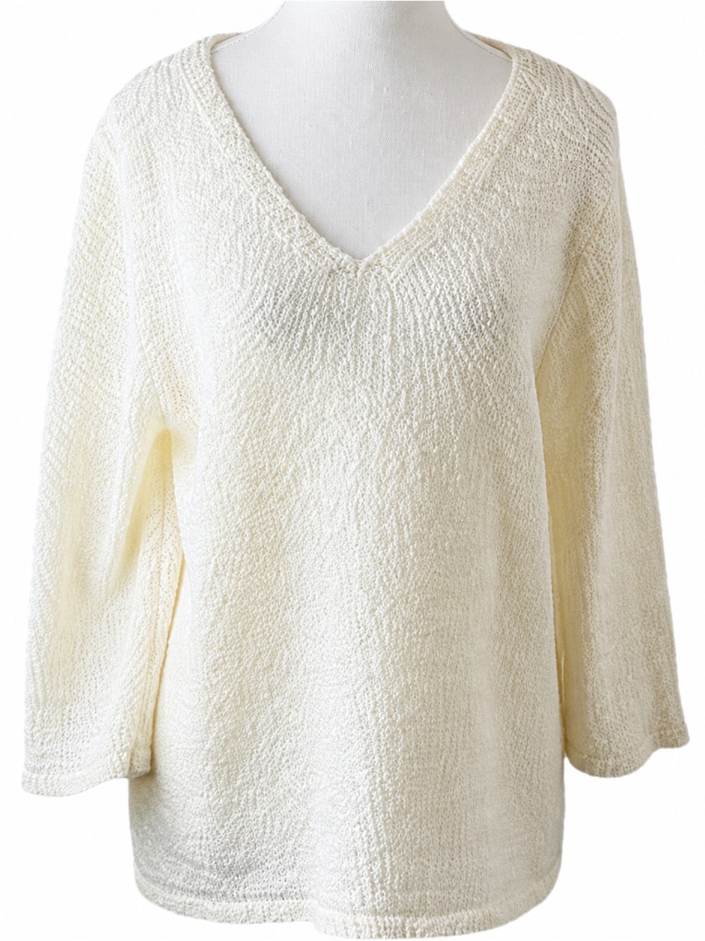 August Silk V Neck Sweater Womens Large Cream Textured Knit Pullover Soft